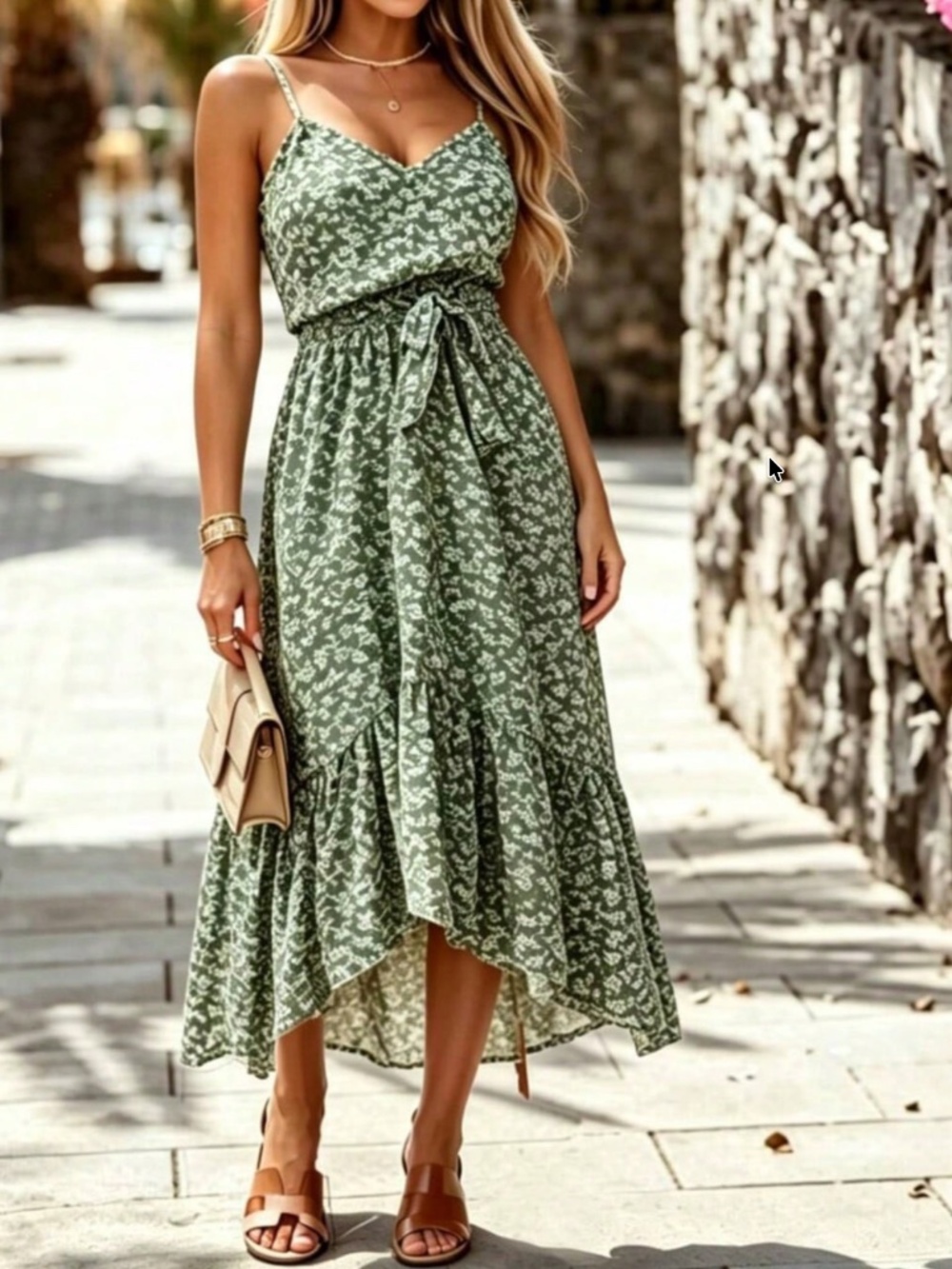 Boho Floral Print Cami Straps Ruffle Hem Dress